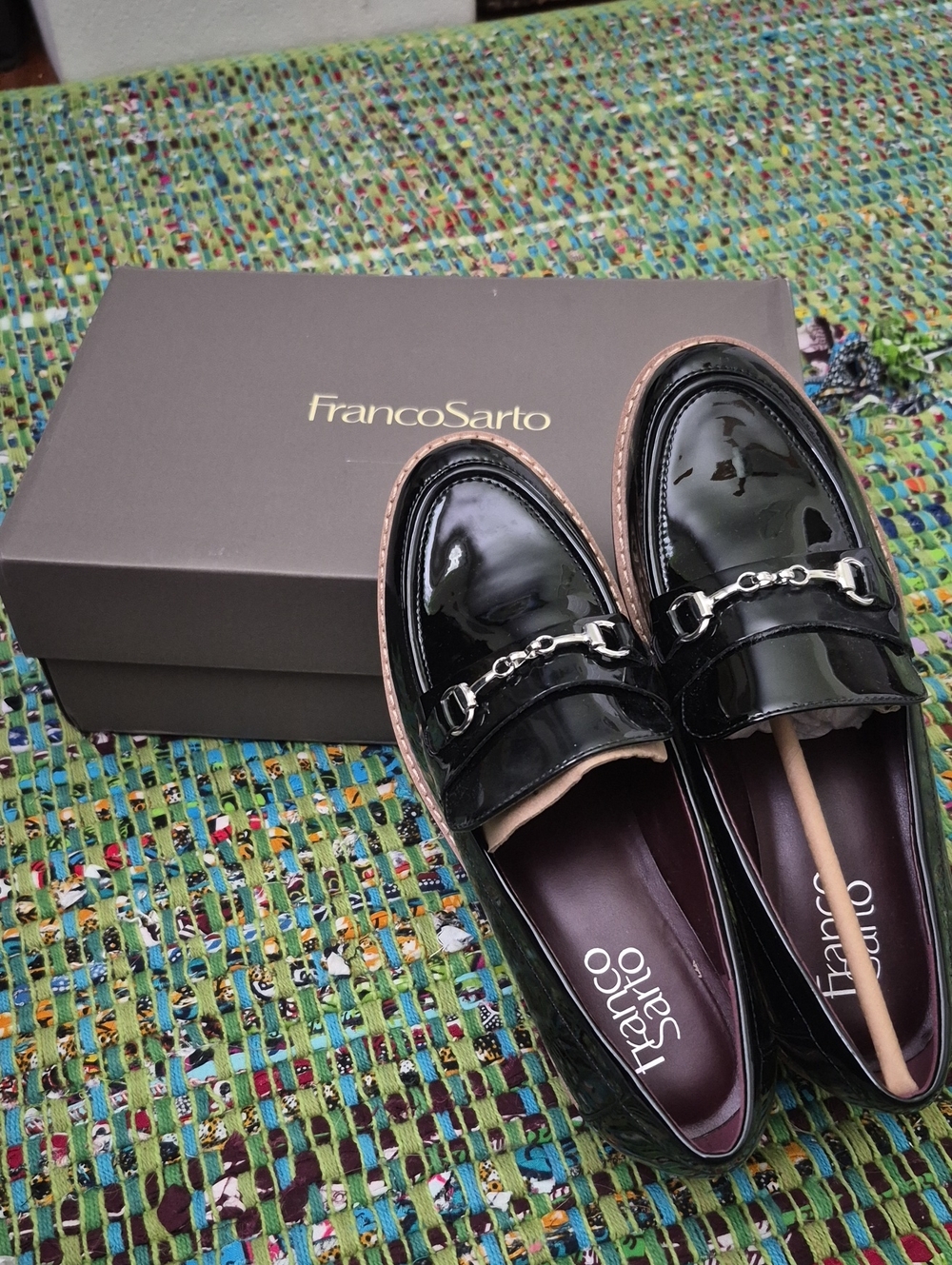 Franco Sarto Black Patent Loafers with Brown Trim and Silver Bit